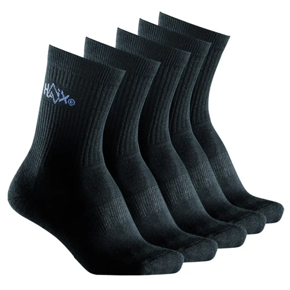 5 pack of black moisture-wicking socks made of polypropylene, polyamide, virgin wool and elastane on a white background